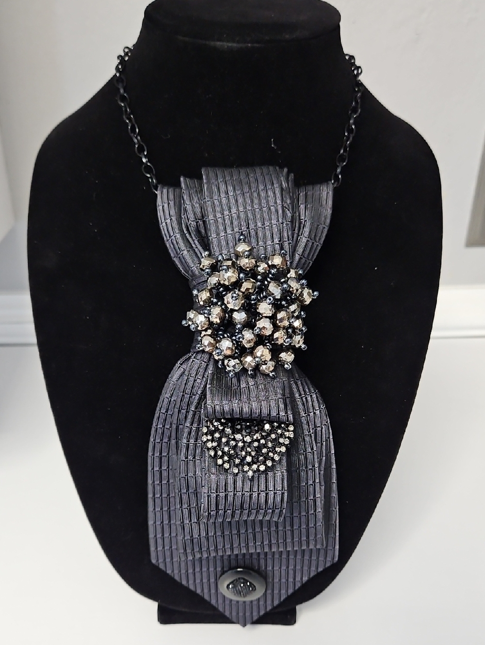 Statement Necktie Necklace Gray with Crystal Bow Pendant
